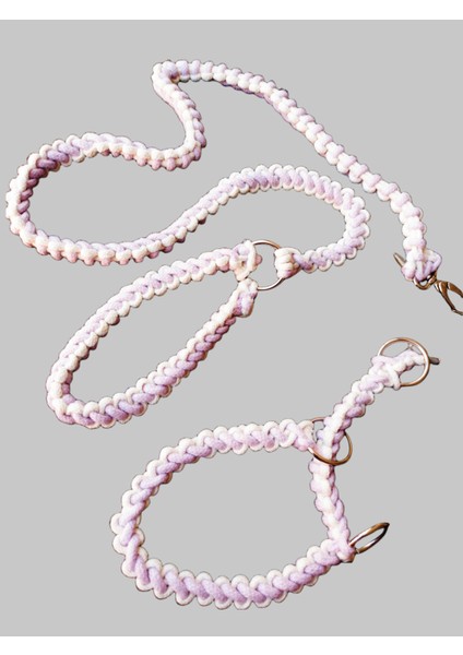 Köpek gezdirme kayışı boyun tasmalı set makrome örgü krem lila boyun ölçüsü:27-35cm ayarlamalı dog collar TB6-4S
