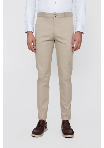 Erkek Bej Summer Armür Pamuk Yan Cep Slim Fit Dar Kesim Pantolon