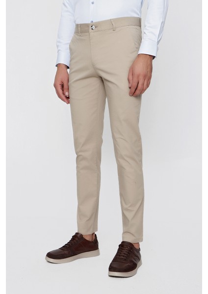 Erkek Bej Summer Armür Pamuk Yan Cep Slim Fit Dar Kesim Pantolon