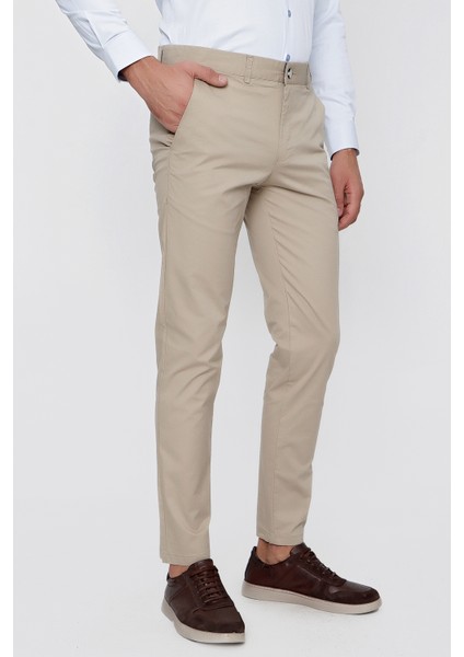 Erkek Bej Summer Armür Pamuk Yan Cep Slim Fit Dar Kesim Pantolon