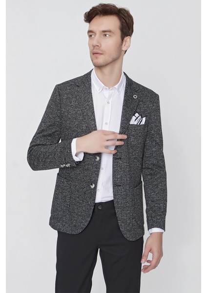 Erkek Siyah Avrasya Ekose Örme Slim Fit Dar Kesim Ceket