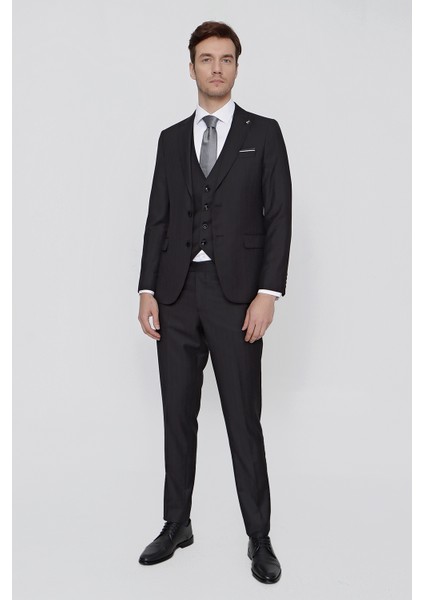 Erkek Siyah Oscar Çizgili Yelekli Slim Fit Dar Kesim 6 Drıop Takım Elbise fiyatları
