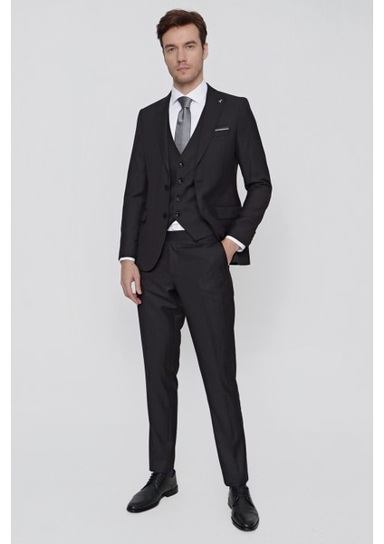 Erkek Siyah Oscar Çizgili Yelekli Slim Fit Dar Kesim 6 Drıop Takım Elbise