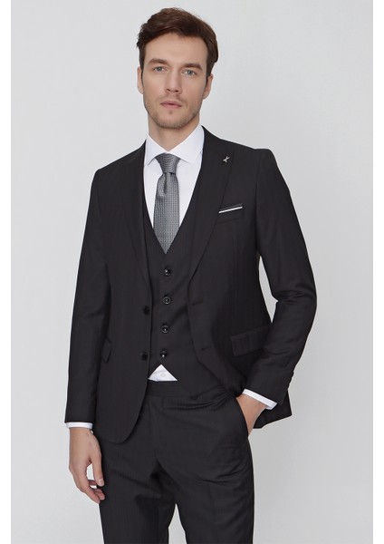 Erkek Siyah Oscar Çizgili Yelekli Slim Fit Dar Kesim 6 Drıop Takım Elbise modelleri