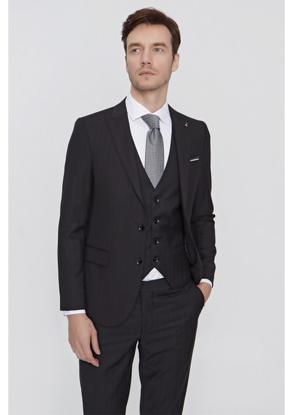 Erkek Siyah Oscar Çizgili Yelekli Slim Fit Dar Kesim 6 Drıop Takım Elbise fırsatları