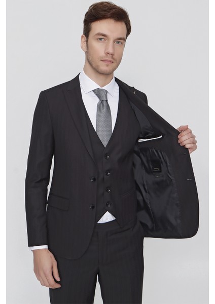 Erkek Siyah Oscar Çizgili Yelekli Slim Fit Dar Kesim 6 Drıop Takım Elbise indirimleri