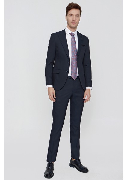 Erkek Lacivert Santos Jakarlı Slim Fit Dar Kesim Takım Elbise