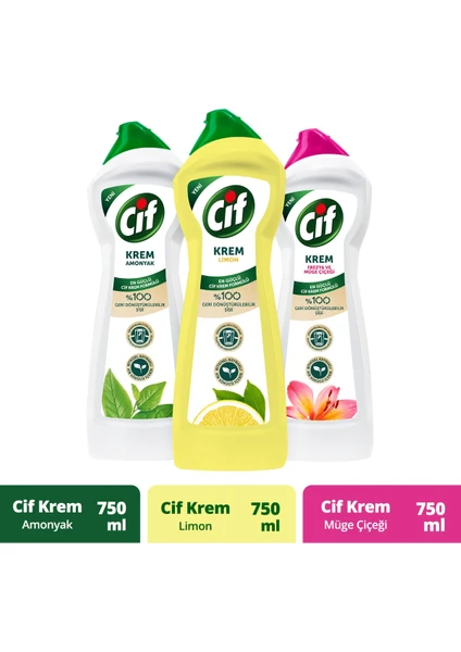 Krem Yüzey Temizleyici 750 ML X3 Frezya ve Müge Çiçeği + Amonyak + Limon