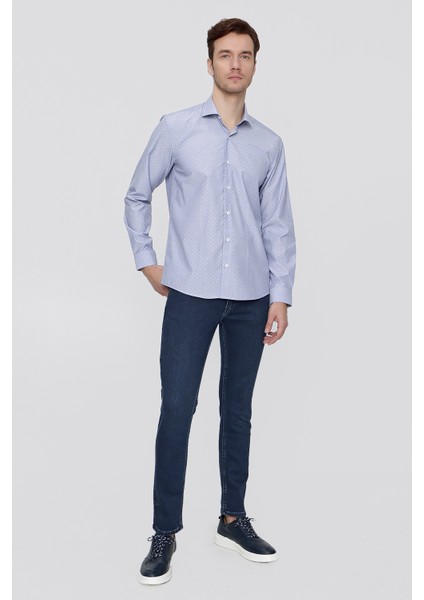 Erkek Mavi Saldera Desenli Slim Fit  Dar Kesim Gömlek