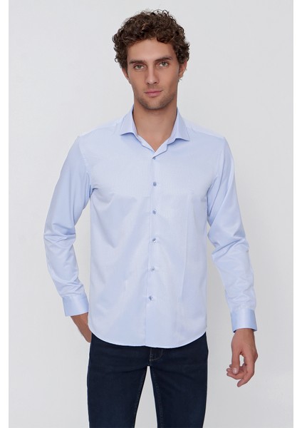 Erkek Buz Mavisi Jakar Desen Slim Fit Dar Kesim Gömlek fırsatları
