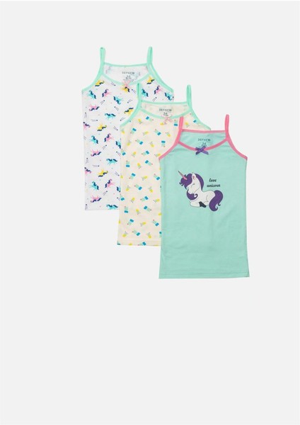 Unicorn Desen Baskılı Penye Elastan Ince Askılı Kız Çocuk 3'lü Paket Atlet