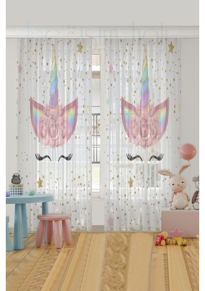 Sevimli Unicorn Altın Yaldız ve Puantiye Çocuk Odası Tül Perde