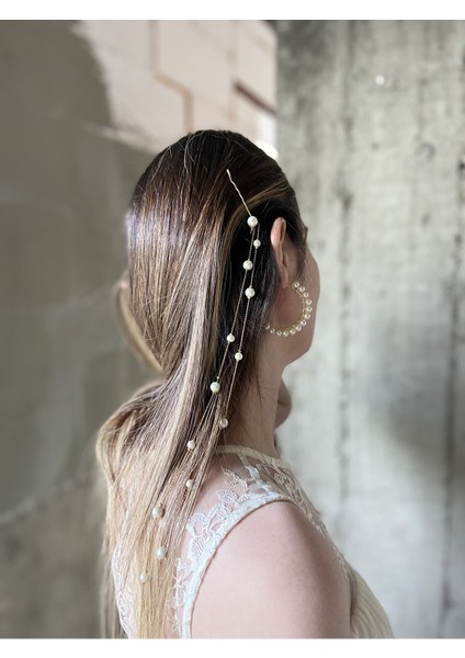 İncili Saç Zinciri - Gold Sallantılı Saç Aksesuarı Tel Toka