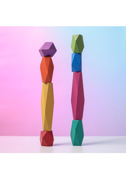 Yeni Bebek Oyuncakları, Ahşap Yapı Taşı, Renkli Taş, Yaratıcı Eğitici Oyuncaklar, Waldorf, Montessori, Iskandinav Tarzı Istifleme Oyunu Gökkuşağı Taş Ahşap Oyuncaklar. ( 16 Adet Yapı Taşı )