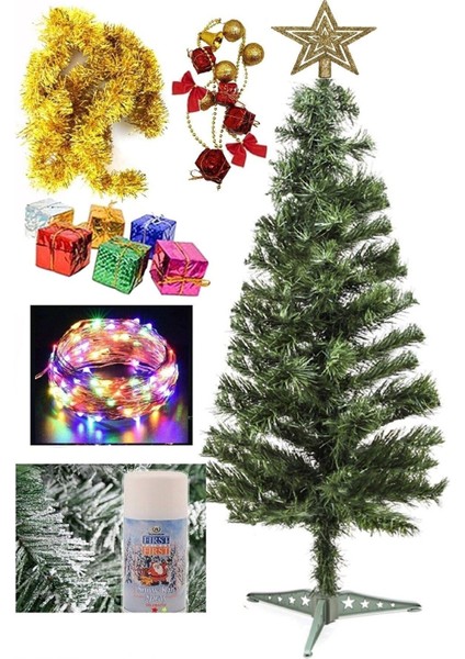 Yılbaşı Çam Ağaç Seti ve Yılbaşı Süsleri Paketi Spreyli 90 cm + Tepe Yıldızı