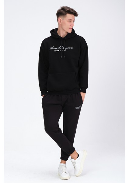 Erkek Siyah Oversize Fit Önü Baskılı Kapüşonlu Içi Yumuşak Tüylü Sweatshirt RF0208OV