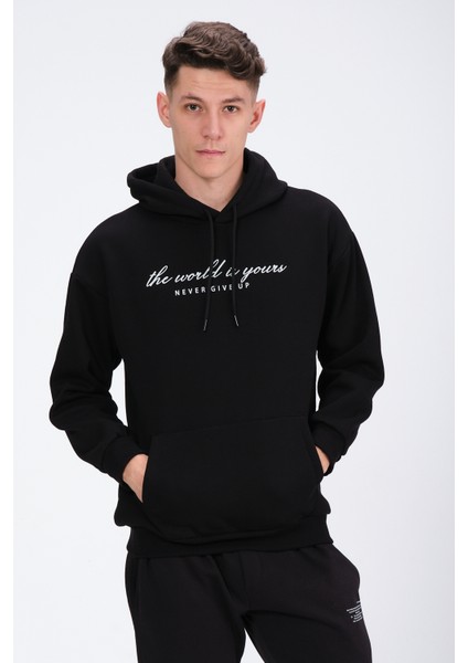 Erkek Siyah Oversize Fit Önü Baskılı Kapüşonlu Içi Yumuşak Tüylü Sweatshirt RF0208OV