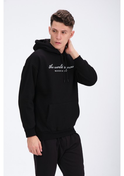 Erkek Siyah Oversize Fit Önü Baskılı Kapüşonlu Içi Yumuşak Tüylü Sweatshirt RF0208OV