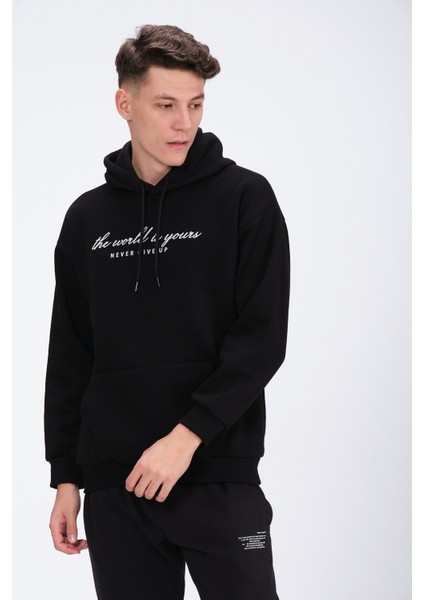 Erkek Siyah Oversize Fit Önü Baskılı Kapüşonlu Içi Yumuşak Tüylü Sweatshirt RF0208OV