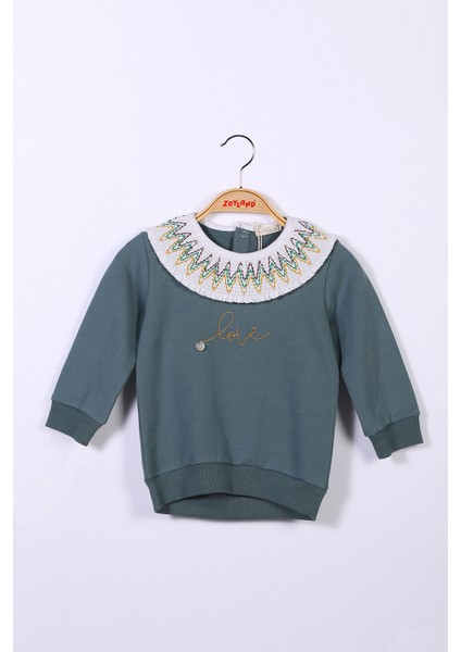 Kız Çocuk Yaka Detaylı Nakışlı Sweatshirt (2-7yaş)