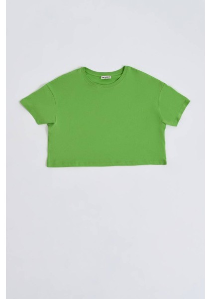 Organik Regular Fit Kısa Kollu Kadın Crop Tişört - Yeşil Yeşil - Xs