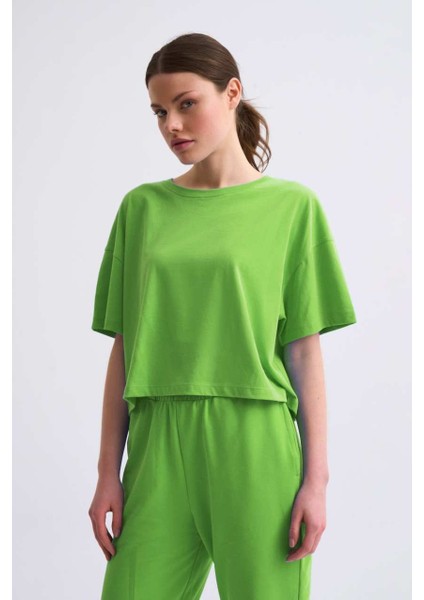 Organik Regular Fit Kısa Kollu Kadın Crop Tişört - Yeşil Yeşil - Xs