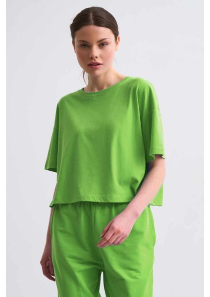 Organik Regular Fit Kısa Kollu Kadın Crop Tişört - Yeşil Yeşil - Xs