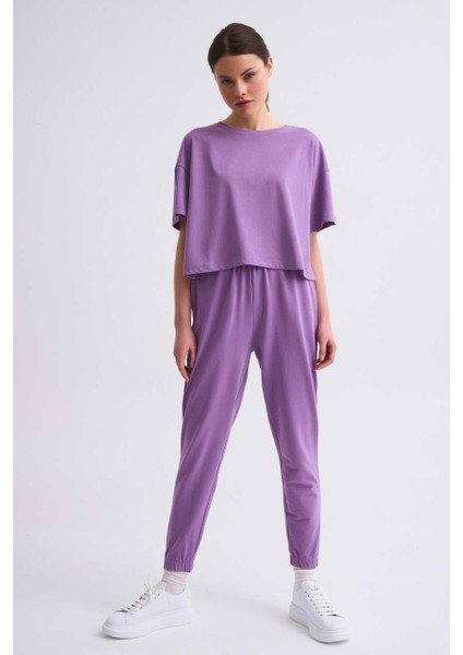 Organik Regular Fit Kısa Kollu Kadın Crop Tişört - Mor Mor - Xs