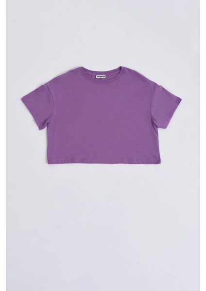 Organik Regular Fit Kısa Kollu Kadın Crop Tişört - Mor Mor - Xs
