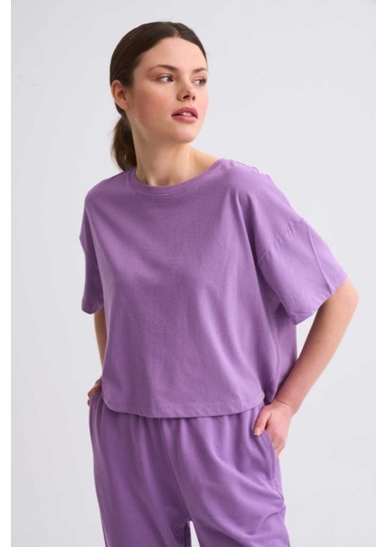 Organik Regular Fit Kısa Kollu Kadın Crop Tişört - Mor Mor - Xs