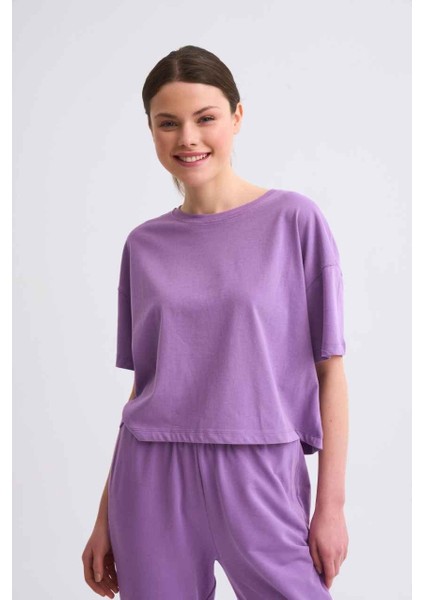 Organik Regular Fit Kısa Kollu Kadın Crop Tişört - Mor Mor - Xs