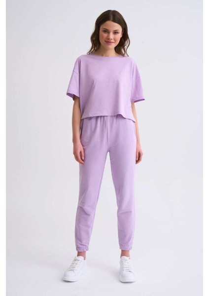 Organik Regular Fit Kısa Kollu Kadın Crop Tişört - Lila Lila - Xs