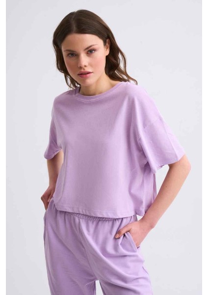 Organik Regular Fit Kısa Kollu Kadın Crop Tişört - Lila Lila - Xs fırsatları