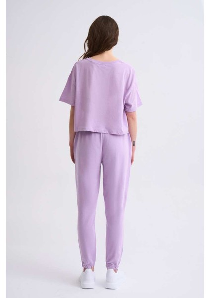 Organik Regular Fit Kısa Kollu Kadın Crop Tişört - Lila Lila - L modelleri