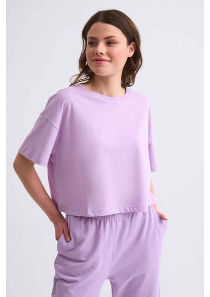 Organik Regular Fit Kısa Kollu Kadın Crop Tişört - Lila Lila - L indirimleri
