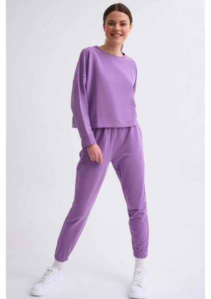 Organik Uzun Kollu Kadın Crop Sweatshirt - Mor Mor - Xs