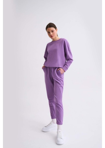 Organik Uzun Kollu Kadın Crop Sweatshirt - Mor Mor - Xs