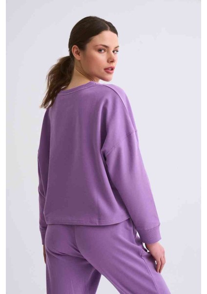 Organik Uzun Kollu Kadın Crop Sweatshirt - Mor Mor - Xs