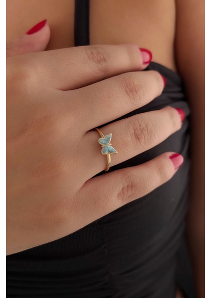 14 Ayar Altın Mavi Mineli Kelebek Yüzük