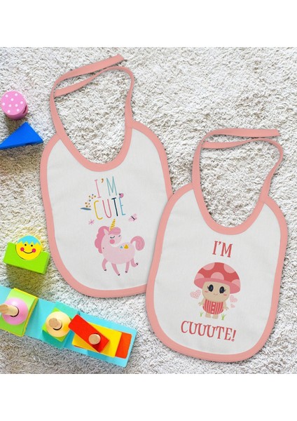 Kids I'm Cute Tasarımlı 2’li Pembe Mama Önlüğü-1