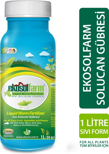 EkosolFarm Sıvı Solucan Gübresi 1 Litre Tüm Bitkiler için Organik Sertifikalı Yaprak ve Toprak Gübresi