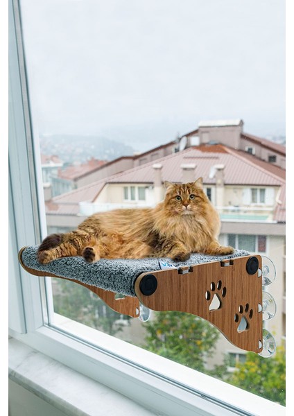 Ata Home Ahşap Cama Yapışan Kedi Yatağı Vantuzlu Cam Yatağı Terası