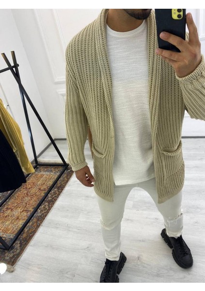 Hırka Kalın Örgü Şal Yaka Cepli Panço Triko Hırka