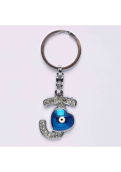 Nazar Boncuklu Krom ve Taşlı Harf Anahtarlık-(J HARFİ)ANAH64