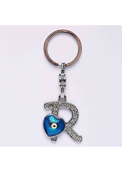 Nazar Boncuklu Krom ve Taşlı Harf Anahtarlık-(R HARFİ)ANAH69