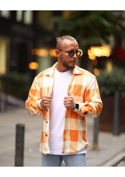 Turuncu Kareli Oversize Kışlık Kalın Polar Gömlek fırsatları