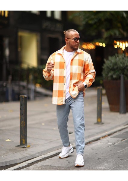 Turuncu Kareli Oversize Kışlık Kalın Polar Gömlek indirimleri