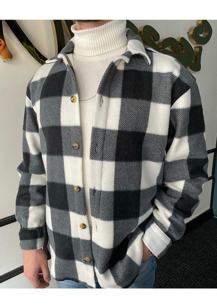 Siyah Kareli Oversize Kışlık Kalın Polar Gömlek