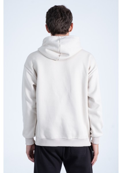 Erkek Bej Oversize Fit Önü Baskılı Kapüşonlu Içi Yumuşak Tüylü Sweatshirt RF0305