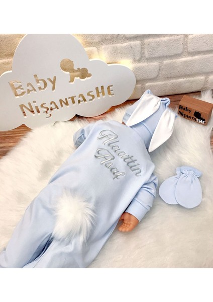 Baby Nisantashe İsme Özel Nakışlı Tavşan Tulum Takımı Mavi